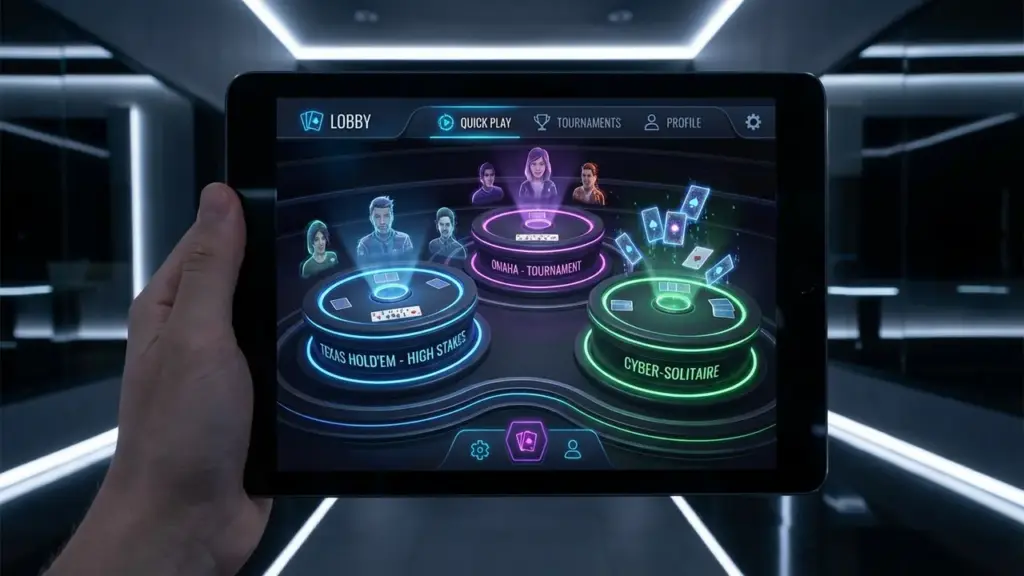 Giao diện sảnh game bài CG79 trên điện thoại thông minh và máy tính bảng, hiển thị đồ họa 3D sắc nét và bố cục thân thiện.